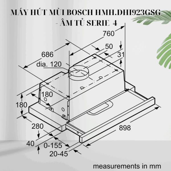 Kích thước máy hút mùi Bosch HMH.DHI923GSG - Âm tủ Serie 4 giá rẻ