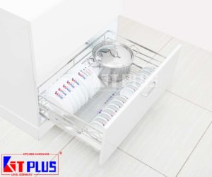 Giá xoong nồi , chén đĩa đa năng Inox nan dẹt – Ray giảm chấn KIT PLUS 600/700/750/800/900mm