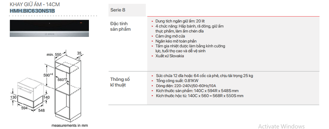 Tổng quan chi tiết sản phẩm khay giữ ấm Bosch Serie 8.