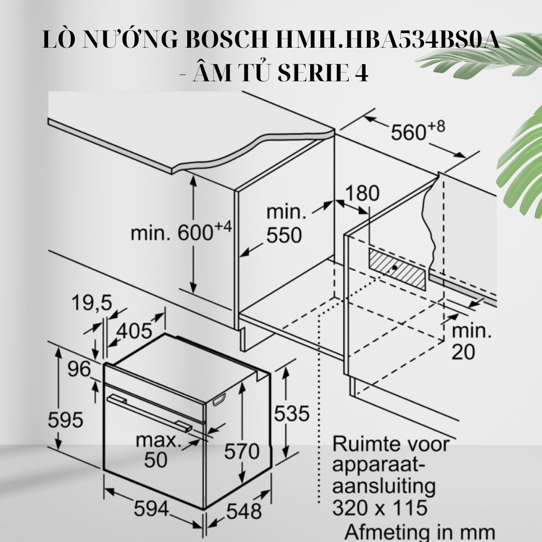 Kích thước lò nướng Bosch HMH.HBA534BS0A - Âm tủ Series 4 giá rẻ