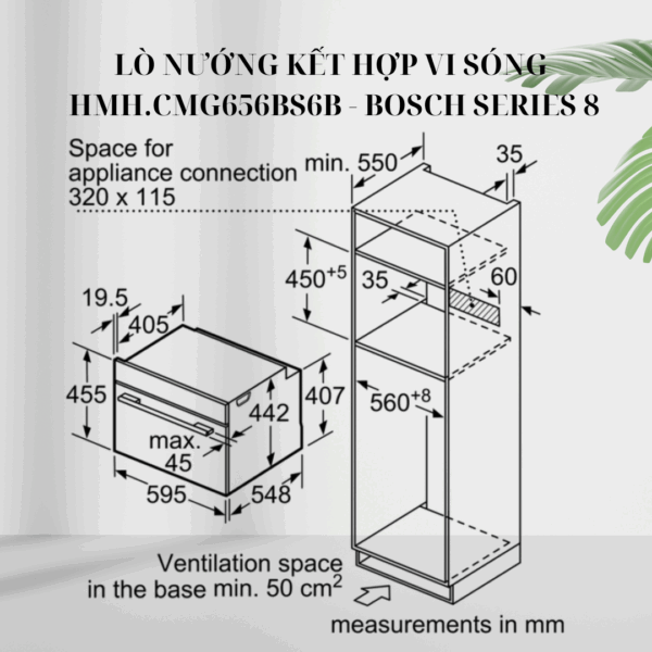 Kích thước lò Nướng Kết Hợp Vi Sóng HMH.CMG656BS6B - Bosch Series 8