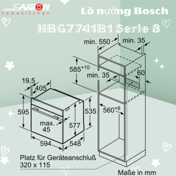 Kích thước lò nướng Bosch HBG7741B1 - Âm tủ Serie 8 giá rẻ
